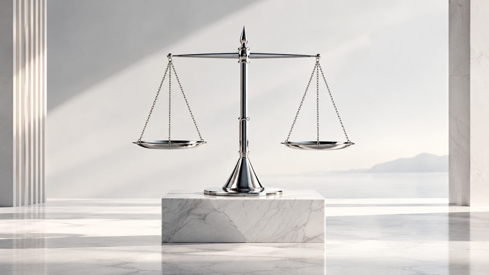 Mermer kaide üzerinde gümüş adalet terazisi